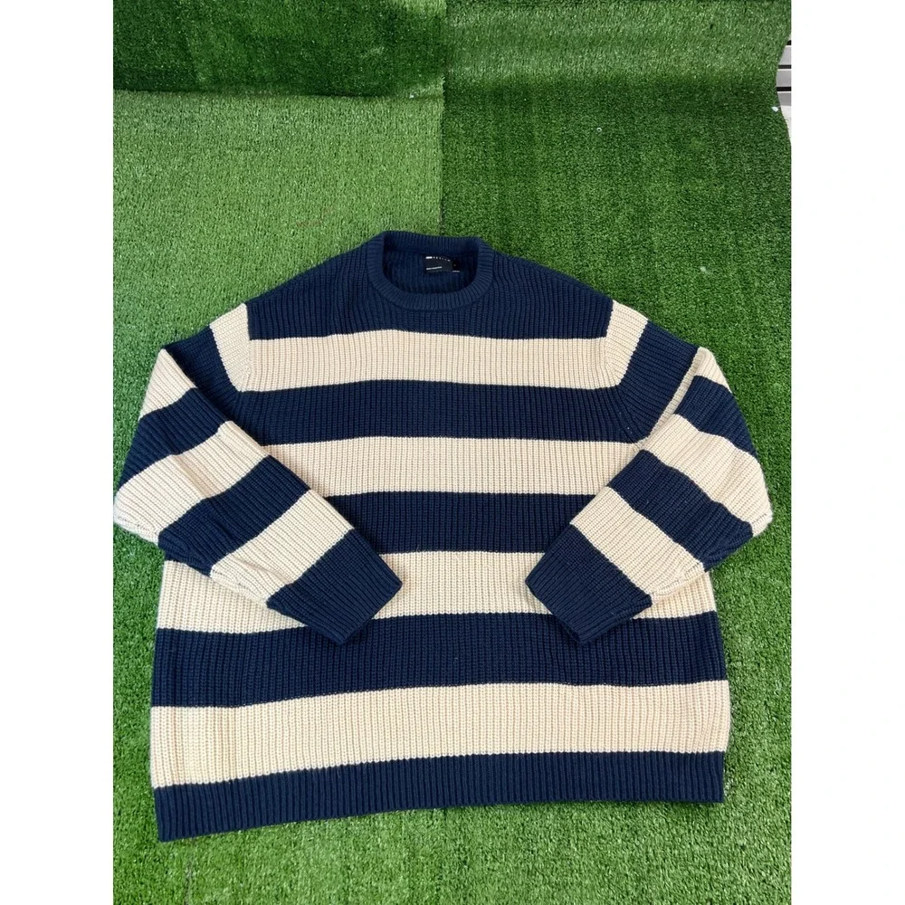 ASOS Design Mens Oversized Striped Knit Sweater Navy Blue Cream Large Chunky Rib
